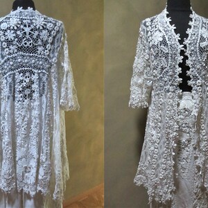RESERVED*Irish Crochet & Hand Made Filet Lace Wedding Jacket Over Dress Art Nouveau Early 1900's Fantastic Flowers, Bell Sleeves  Size M - L