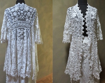 RESERVED*Irish Crochet & Hand Made Filet Lace Wedding Jacket Over Dress Art Nouveau Early 1900's Fantastic Flowers, Bell Sleeves  Size M - L