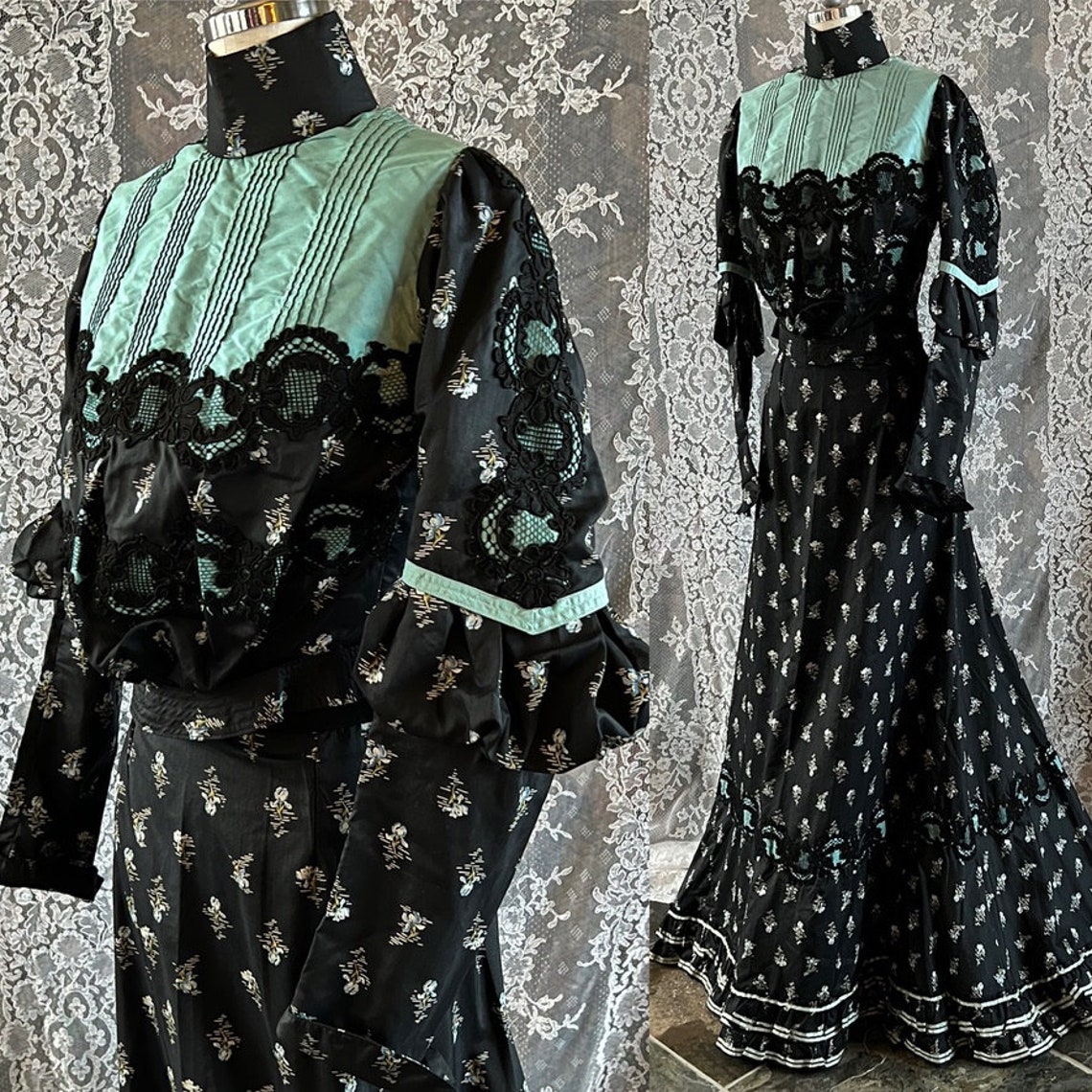 Edwardian Black Silk Iris Print Gown With Robin Egg Blue Yoke | Etsy