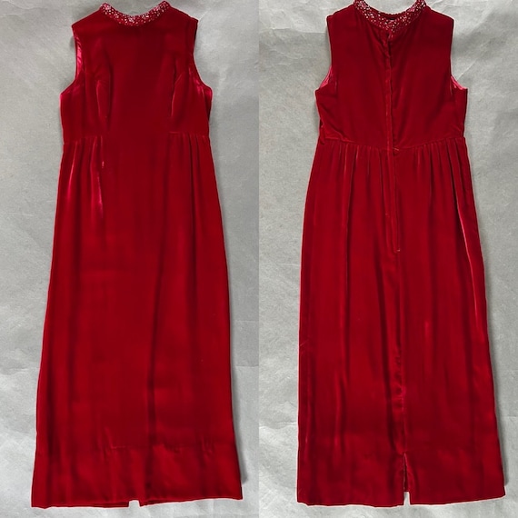 Cranberry Red Velvet 1960's Maxi Gown with Rolled, Je… Gem