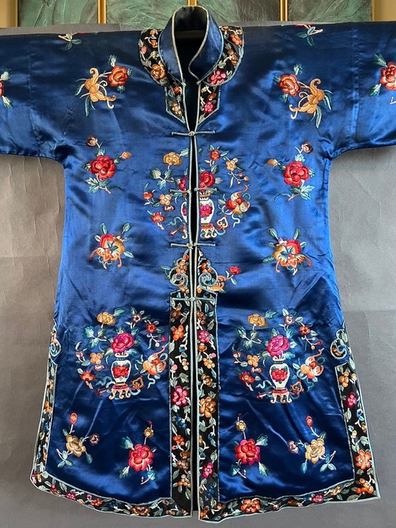 Antique Chinese Cobalt Blue Silk Robe, early 20th… - image 8