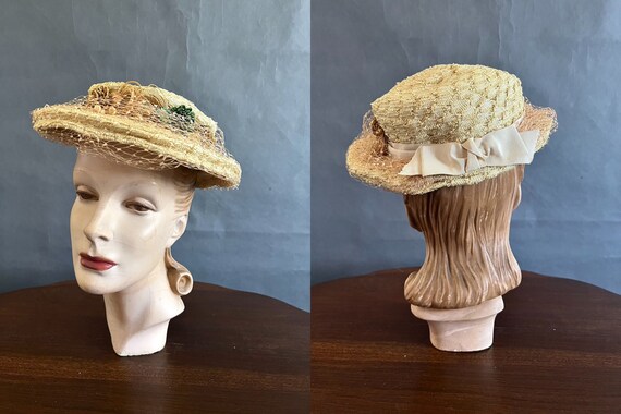 Woven Synthetic Straw Hat, 1930's,  with Raffia G… - image 2