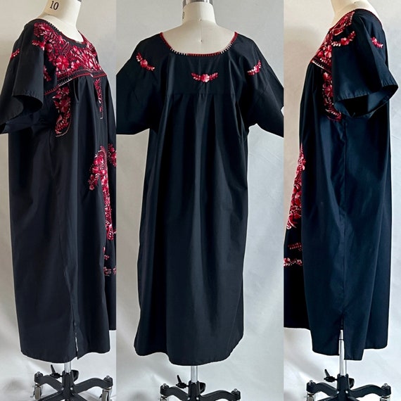 Vintage Mexican [Oaxacan] Cotton Dress, Black Cot… - image 4