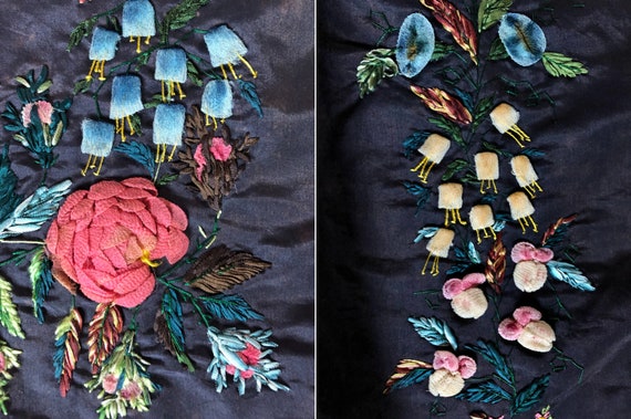 Rare 1830's-40's Ribbon-Embroidered Antique Silk … - image 3