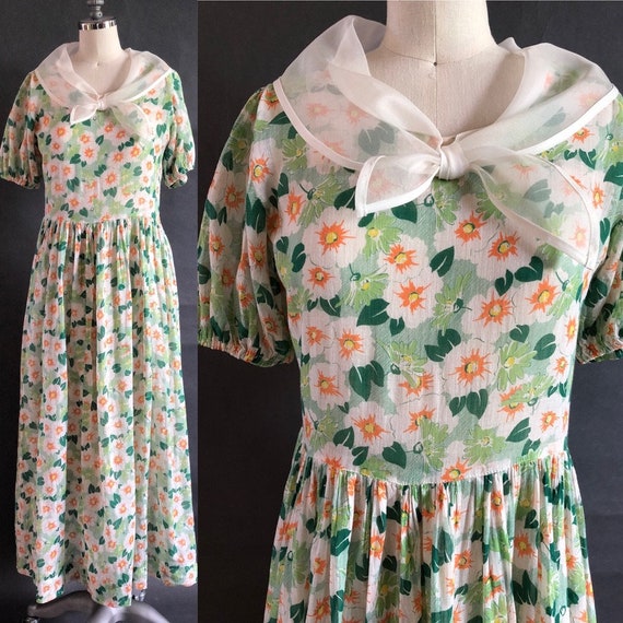 Summery sheer cotton 1930's Ankle-Length Dress wi… - image 1