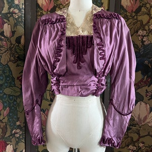 Lovely Purple Silk Edwardian Bodice with Great Velvet Cord Details, with Lace Collar Sz 0-2;  XS