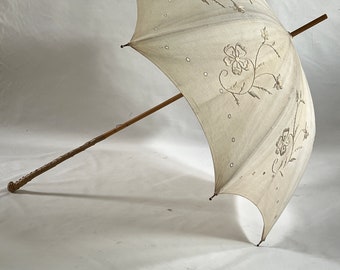 Edwardian Embroidered Linen Parasol with Cutwork, Knobby Hickory Handle