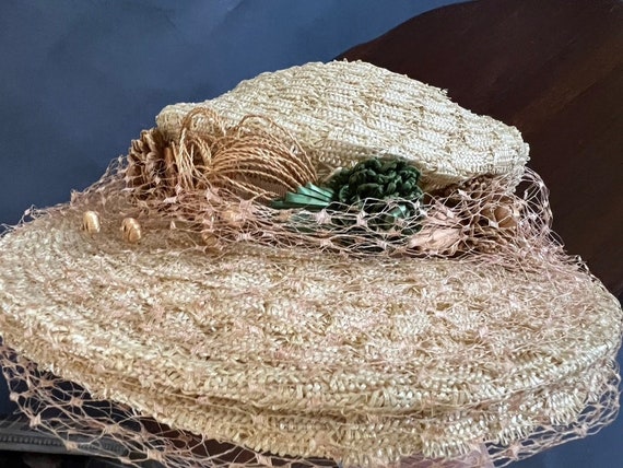 Woven Synthetic Straw Hat, 1930's,  with Raffia G… - image 4
