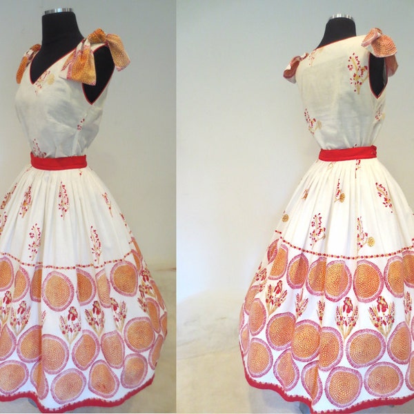 Charming White Linen with Vibrant Red and Honey Gold Block Print 2-Piece Summer or Party Dress