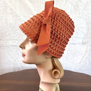 Vintage 60s Terra Cotta Ribbon Hat: Ruffled Cloche with Bow Sz M-L