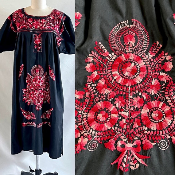 Vintage Mexican [Oaxacan] Cotton Dress, Black Cot… - image 1