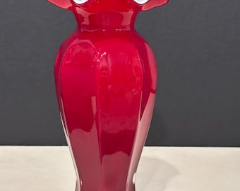 Fenton Vintage Ruby Red Octagon Cased Glass Vase White Ruffle Rim, 7.5"