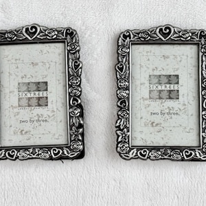 Pair of Sixtrees 2x3 Miniature Picture Frames | Ornate Silver Metal Rose & Heart Border | Shabby Chic Vintage Style Small Photo Frames