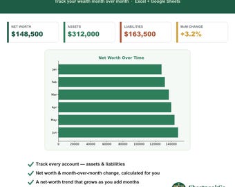 Net Worth Tracker | Google Sheets & Excel Wealth and Assets Dashboard Spreadsheet