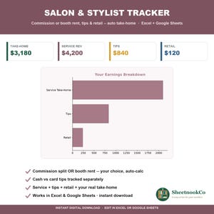 Op de afbeelding: Een digitaal Salon & Stylist Tracker spreadsheet-sjabloon voor Excel en Google Sheets. Het bevat een kastanjebruine koptekst, financiële overzichtsboxen voor inkomsten, service, fooien en detailhandel, en een staafdiagram met inkomsten.