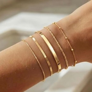 14K Gold Plated Stackable Bracelet Set, Layered Chain & Cuff Wrist Jewelry