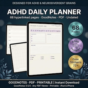 Può includere: Un pianificatore giornaliero digitale per ADHD su tablet, con 68 pagine con collegamenti ipertestuali, layout senza data e sezioni per attività, blocchi temporali, appunti e monitoraggio delle abitudini. Include 72 adesivi, compatibile con PDF.