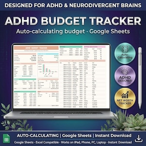 Könnte beinhalten: Ein digitaler ADHD-Budget-Tracker für Google Sheets auf einem Laptop-Bildschirm. Die Benutzeroberfläche enthält Tabellen für Cashflow, Einnahmen, Ausgaben und ein Transaktionsprotokoll. Drei kreisförmige Abzeichen heben die Funktionen für automatische Berechnungen, ADHD-Design und Nettovermögensverfolgung hervor.