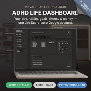 Könnte beinhalten: Ein Laptop mit einer ADHD Life Dashboard-Oberfläche im Dunkelmodus, die Bereiche für Aufgaben, Gewohnheiten, Ziele, Fitness und Finanzen zeigt. Der Text umfasst PRIVATE, OFFLINE, NO LOGIN, NO ACCOUNT NEEDED, WORKS OFFLINE, LIGHT + DARK und INSTANT DOWNLOAD.