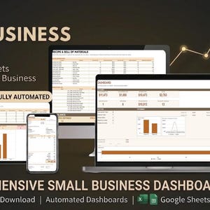 Könnte beinhalten: Eine All-in-One Google Sheets Vorlage zur Kunden- und Geschäftsverfolgung mit Dashboard, CRM, Rechnungsstellung, Inventar und Buchhaltung. Die Darstellung zeigt einen Laptop, ein Tablet und ein Smartphone mit Datendiagrammen.