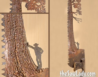 Large Redwood themed Metal Art Rustic plasma cut Lumberjack arborist up a tree hand saw wall decor- Made to Order for arborists and loggers!