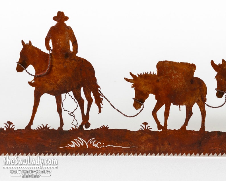 Muleskinner and Pack Mules Metal Saw Wall Art Gift for Western Art Lovers Made to Order image 4