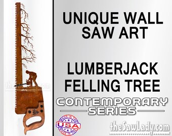 Lumberjack cutting down a Tree - Metal Saw Wall Art Gift for Loggers - Made to Order for arborists and loggers!