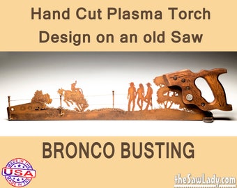 Rodeo Bronco Busting Scene Metal Art design - Hand cut (plasma torch) hand saw Wall Decor | Garden Art Recycled Art Repurposed Made to Order