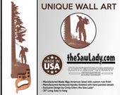 Lumberjack at the base of a Tree with Chainsaw on Shoulder - Metal Saw Wall Art Gift for Loggers and Arborists - Made To Order