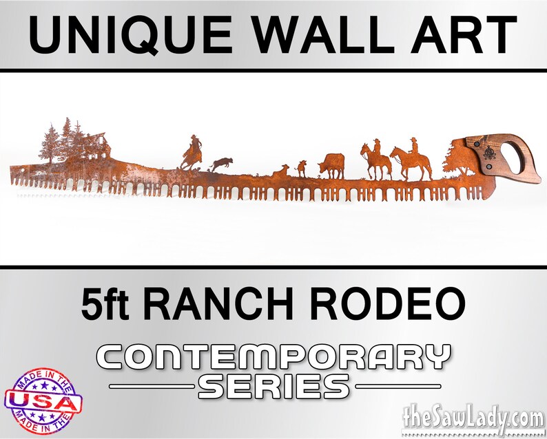 5' / 60 Cowboys and Ranching Scene with Cowboys Cattle, Barn, Trees Metal Saw Wall Art Gift for Western Art Lovers and Ranchers image 1