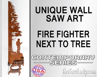 Fire Fighter Next to a Tree - Metal Saw Wall Art Gift for Heroes