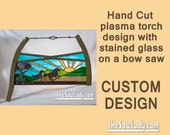 CUSTOM DESIGN - Hand cut plasma torch design on a bow saw with a stained glass background - a unique gift for someone special!  Horses or?