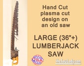 Large Logging themed Metal Art Rustic plasma cut Lumberjack arborist up a tree hand saw wall decor- Made to Order for arborists and loggers!