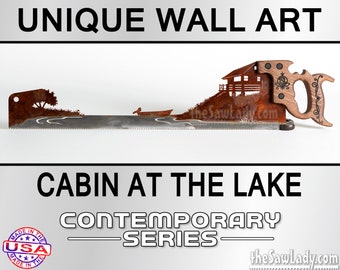 Cabin at the Lake - Metal Art design - Metal Saw Wall Art Gift for a Nature Lover, Rustic - Made to Order