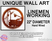 Linemen Working - 22" Diameter Metal Saw Wall Art Gift for Line Workers