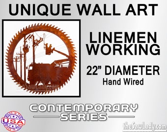 Linemen Working - 22" Diameter Metal Saw Wall Art Gift for Line Workers