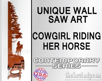 Cowgirl Riding a Horse by a Tree - Metal Saw Wall Art Gift for Western Art Lovers
