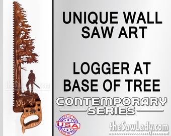 Lumberjack at the base of a Tree - Metal Saw Wall Art Gift for Loggers and Arborists - Made To Order