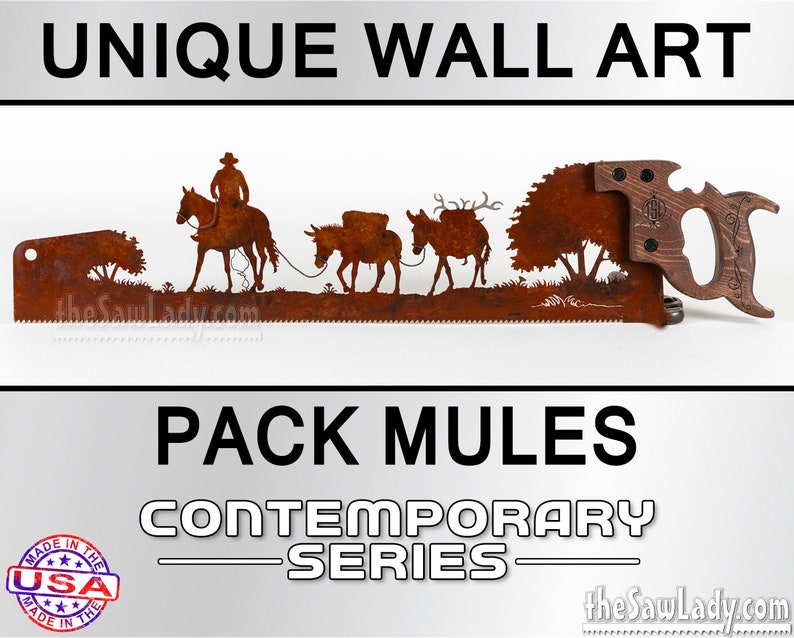 Muleskinner and Pack Mules Metal Saw Wall Art Gift for Western Art Lovers Made to Order image 1