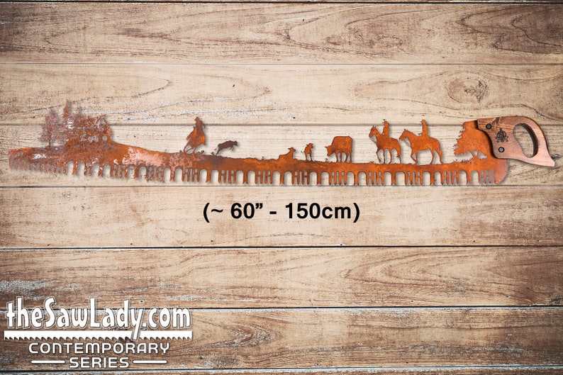 5' / 60 Cowboys and Ranching Scene with Cowboys Cattle, Barn, Trees Metal Saw Wall Art Gift for Western Art Lovers and Ranchers image 3