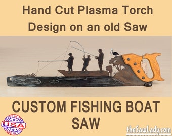 Custom Metal Art Fishing Boat design - Hand (plasma) cut hand saw | Wall Decor | Garden Art | Recycled Art | Repurposed  - Made to Order