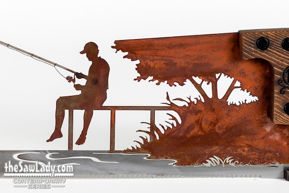 Fisherman by the Stream or From the Dock Metal Saw Wall Art Gift