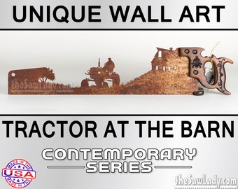Tractor on the Farm Next to the Barn - Metal Art design - Metal Saw Wall Art Gift for a Farmer, Rustic