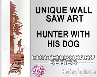 Hunter and Dog (man or woman) next to a Tree - Metal Saw Wall Art Gift for Lovers of the Outdoors