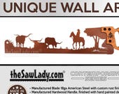 Cowboy Rancher with Open Range LONGHORN Cattle - Metal Saw Wall Art Gift for Western Art Lovers - V2