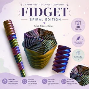 May include: A 3D printed iridescent fidget toy with a spiral design. The set includes a long twisted rod, a hexagonal nested structure, and a smaller spiral segment. Text on the image reads: FIDGET SPIRAL EDITION, Twist. Fidget. Relax.