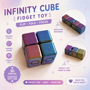 Può includere: Un cubo infinito fidget toy iridescente con finitura metallica viola, blu e verde. L'immagine mostra il cubo in una forma quadrata piegata e due configurazioni rettangolari estese, con testo che include INFINITY CUBE, FLIP, FOLD, FOCUS.