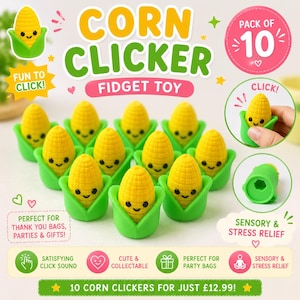 May include: A pack of 10 yellow corn-shaped fidget toys with green husks and smiling faces. Each toy features a textured surface and a click mechanism. The image includes text such as CORN CLICKER, PACK OF 10, FUN TO CLICK, and SENSORY & STRESS RELIEF.