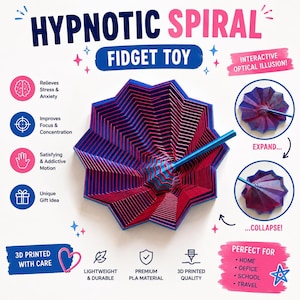 May include: A Hypnotic Spiral fidget toy featuring a multi-layered, expandable, and collapsible geometric structure in blue and magenta. The toy is displayed with text labels highlighting its interactive optical illusion, 3D printed construction, and various benefits like stress relief and focus improvement.