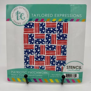May include: A Taylored Expressions Patriotic Patchwork rubber stamp and stencil combo set in packaging. The design features a grid of alternating squares with red and white stripes and blue squares with white stars. Text includes Taylored Expressions.